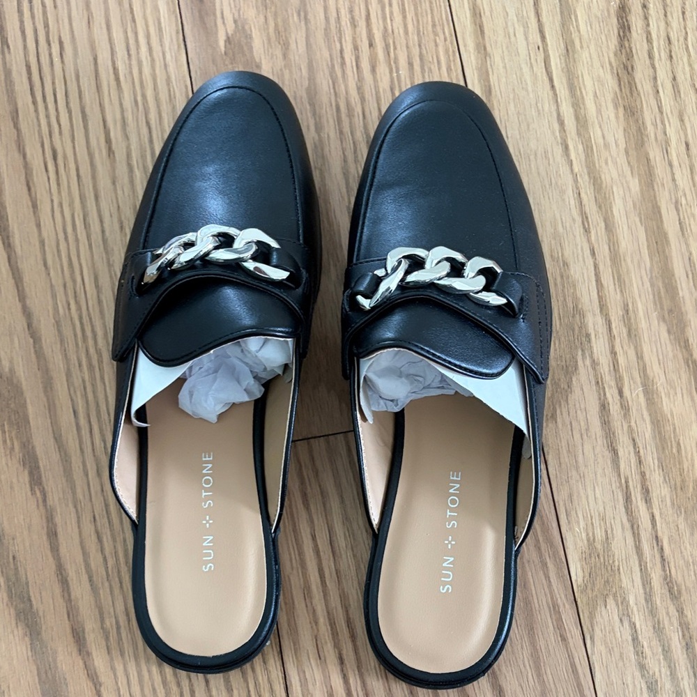 Sun + Stone Women's Black Mules with Silver Chain